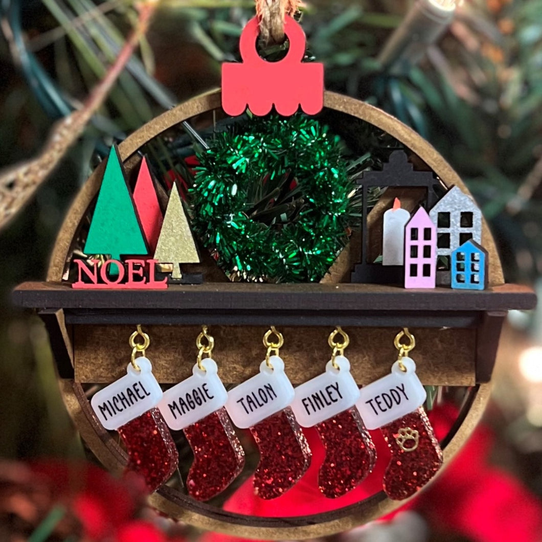 Wreath Centerpiece - Mantel With Stockings Family Christmas Ornament